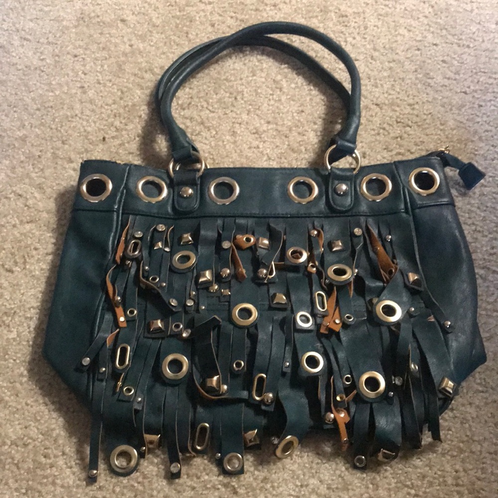 SEGUE PRE-OWNED LARGE BAG GREEN WITH GEMS VEGAN LEATHER TASSELS